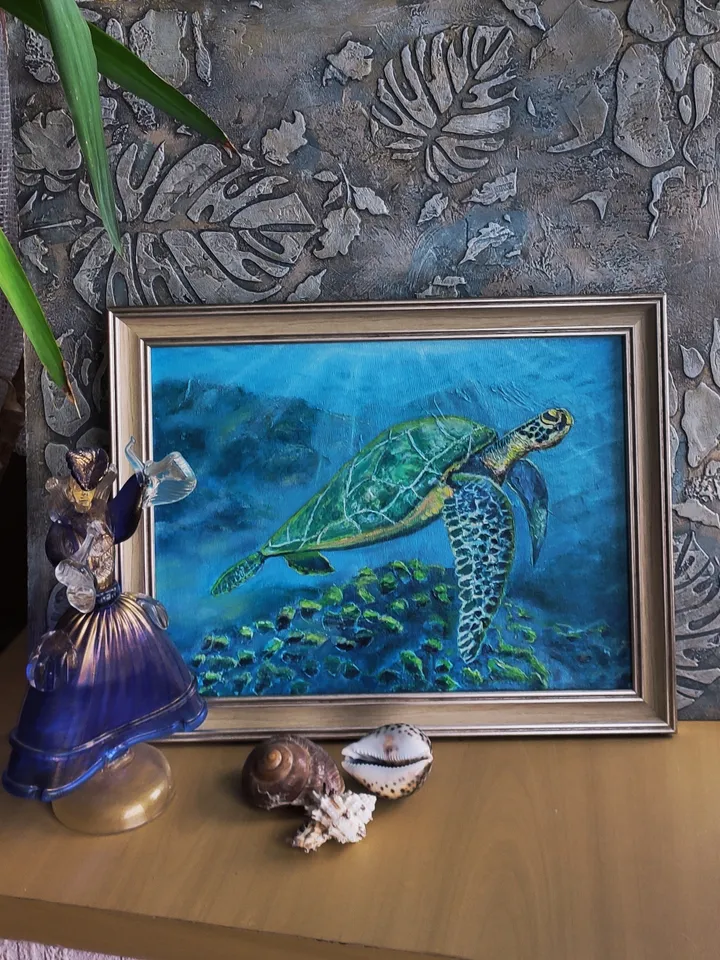 To the sun sea turtle underwater world oil on canvas 40x30 cm three-dimensional painting