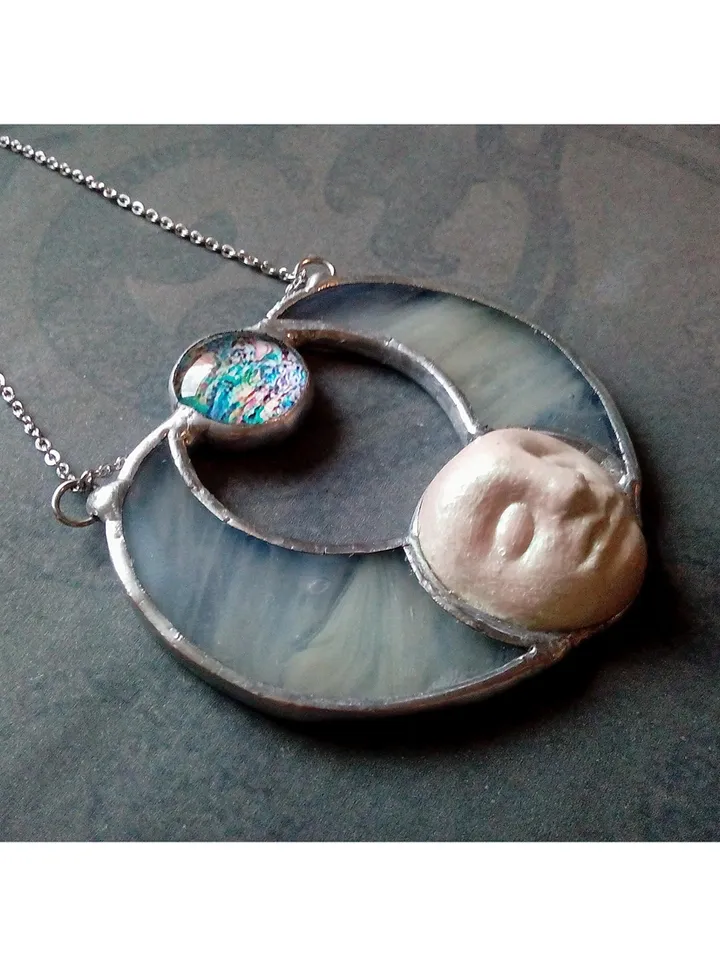 Stained glass moon, Moon Goddess, Moon phase necklace, Stainglass crescent, Full moon pendant, Moon face necklace