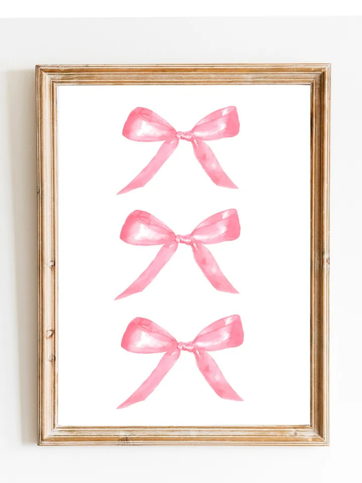 Pink Bow Painting Art Print, Watercolor Bow, Pink and White, Newborn Girl, Pink Chinoiserie Wall Art Print