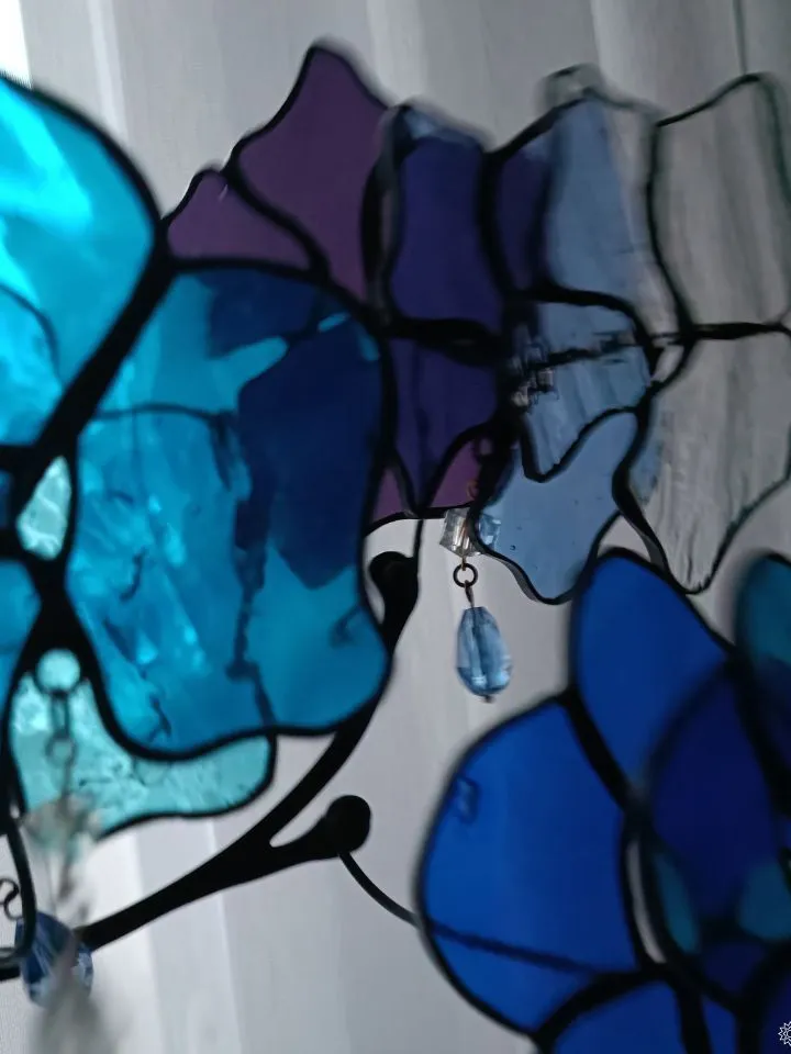 3D Blue-Turquoise Branch, 3D Blue-Turquoise Floral Branch in Stained Glass, 3D Stained Glass Branch with Blue and Turquoise Flowers, Blue and Turquoise 3D Stained Glass Stem, 3D Blue-Green Flowering Branch in Stained Glass, Stained Glass 3D Branch in Blue
