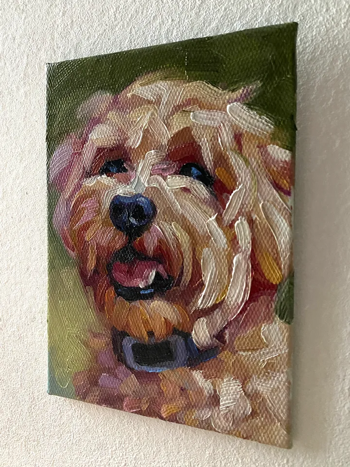 Dog oil painting original, Pet portrait artwork, Animal miniature wall art 4x6
