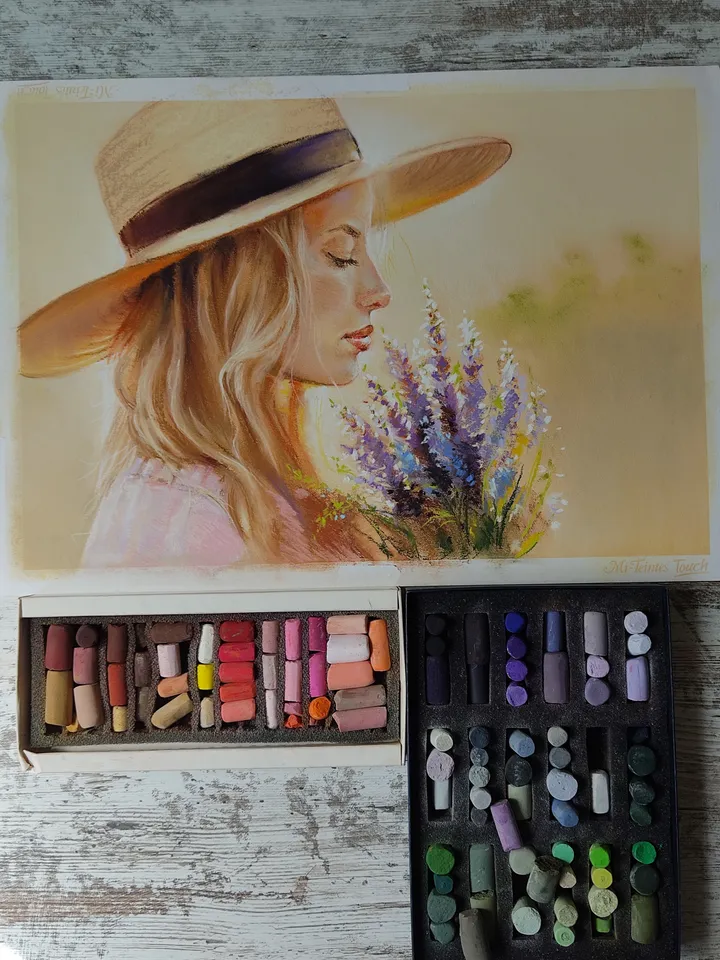 A Girl with a Bouquet of Lavender. Original soft pastel drawing.