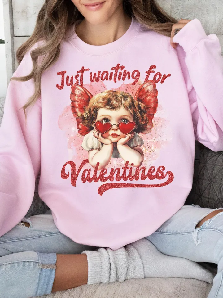 Just Waiting For Valentine's Png, Retro Valentine Shirt Design, Gold Glittered Cupid, Valentine's Day Png, Valentine Love Png Digital