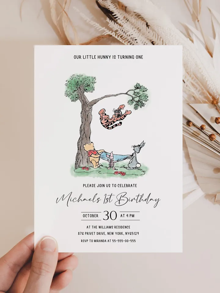 Winnie the Pooh Inspired First Birthday; Classic Winnie Pooh Invitations; Neutral Winnie Pooh Turning One; Winnie Pooh Birthday Party Theme