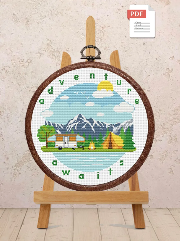 Adventure Awaits Cross Stitch Pattern, Camping Cross Stitch, Embroidery Adventure Awaits, Travel Pattern, Modern Cross Stitch #trl015