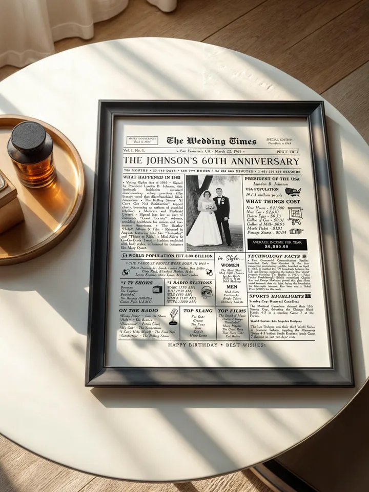 60th Anniversary Newspaper Canva Template, 1965 Wedding Infographic Printable Gift, 60 Years Married Poster for Parents or Couple