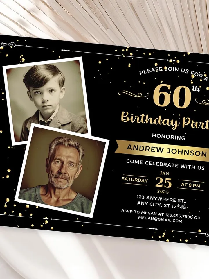 60th Birthday invitation with Photo | Adult Birthday Photo Invite | Mens birthday Black Gold landscape invitation card | Canva template
