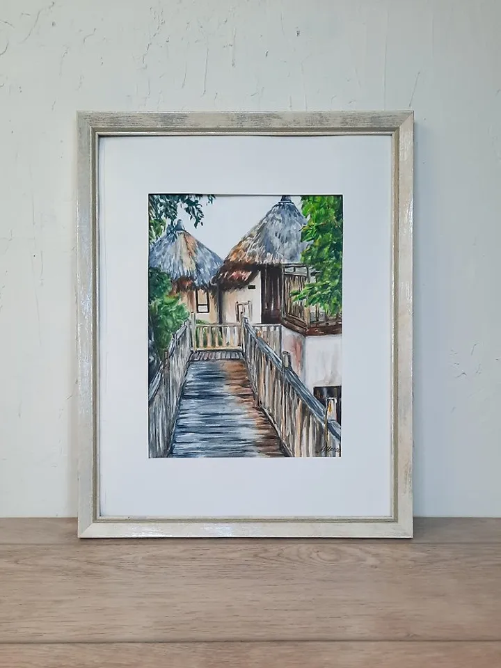 Original watercolor painting Tropical landscape House painting Wall art decor