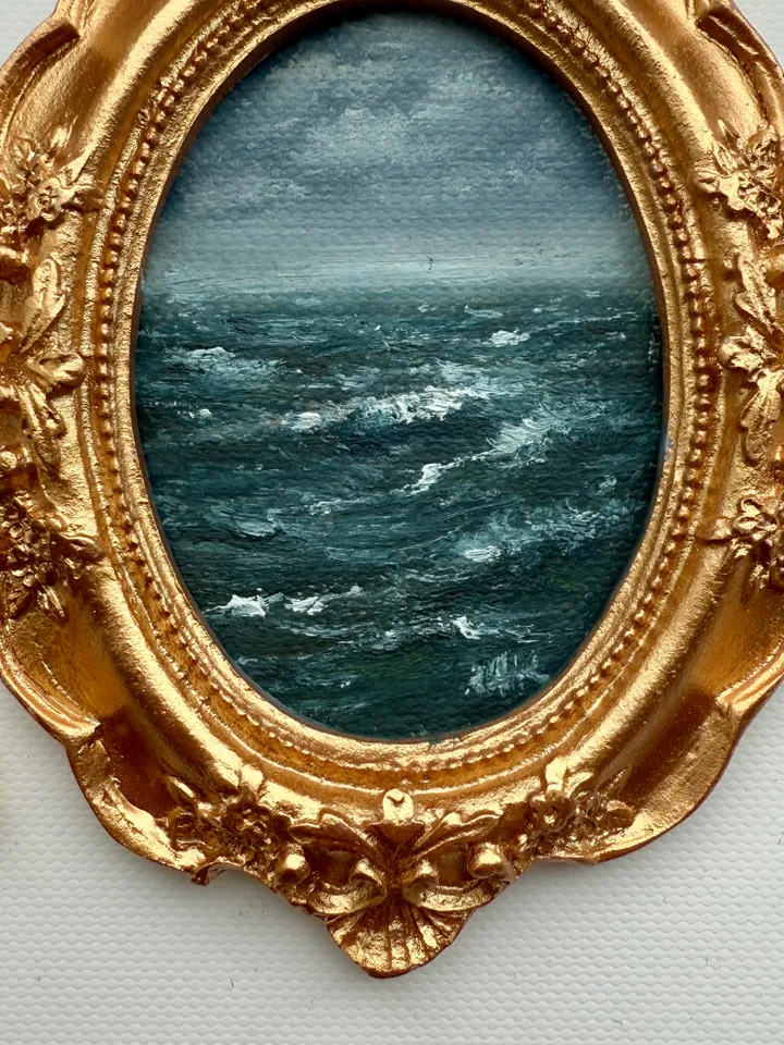 Ocean Landscape Oil Painting Original In Vintage Style Frame Small Framed Oval Painting Art Renaissance Antique Seascape Painting