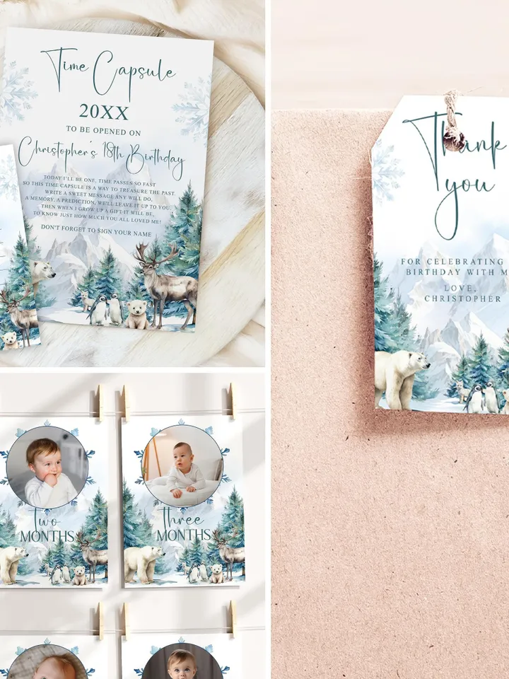 Winter Onerderland Boy 1st Birthday Invitation Bundle, Winter Wonderland Xmas First Party Invite Decor Set, Editable Corjl Template - i132