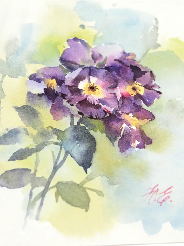 Violet roses painting / Original watercolor small art