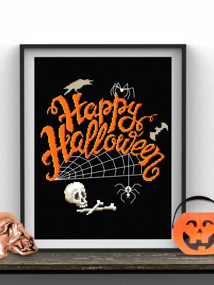 Happy Halloween cross stitch pattern download PDF Halloween skull cross stitch Spooky xstitch chart Halloween quotes Magic embroidery #H10