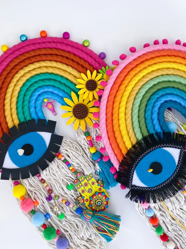 Boho home decor, Large rainbow wall hanging, Evil eye and Hamsa hand home decor, Mother day gift, Hippie stuff