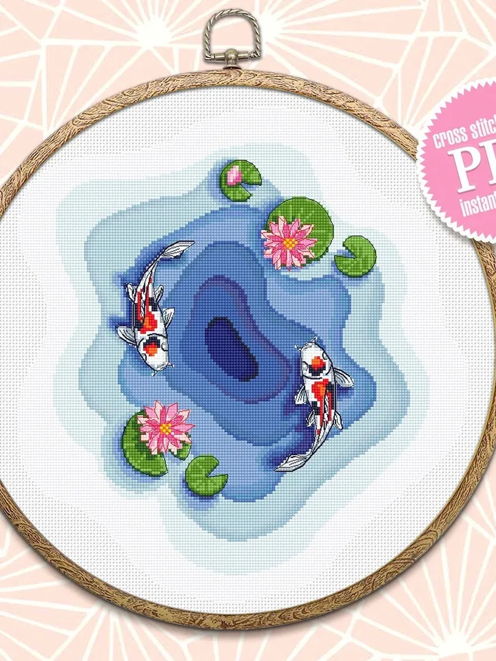 Koi pond cross stitch pattern download PDF, Koi fish cross stitch chart, Fish embroidery design, Oriental decor Water lily cross stitch #L45