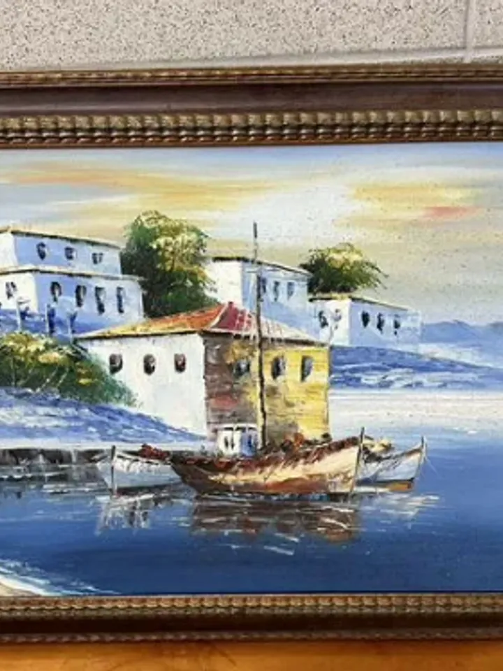 Painting on canvas “At the pier”, oil, size 51x40cm, framed