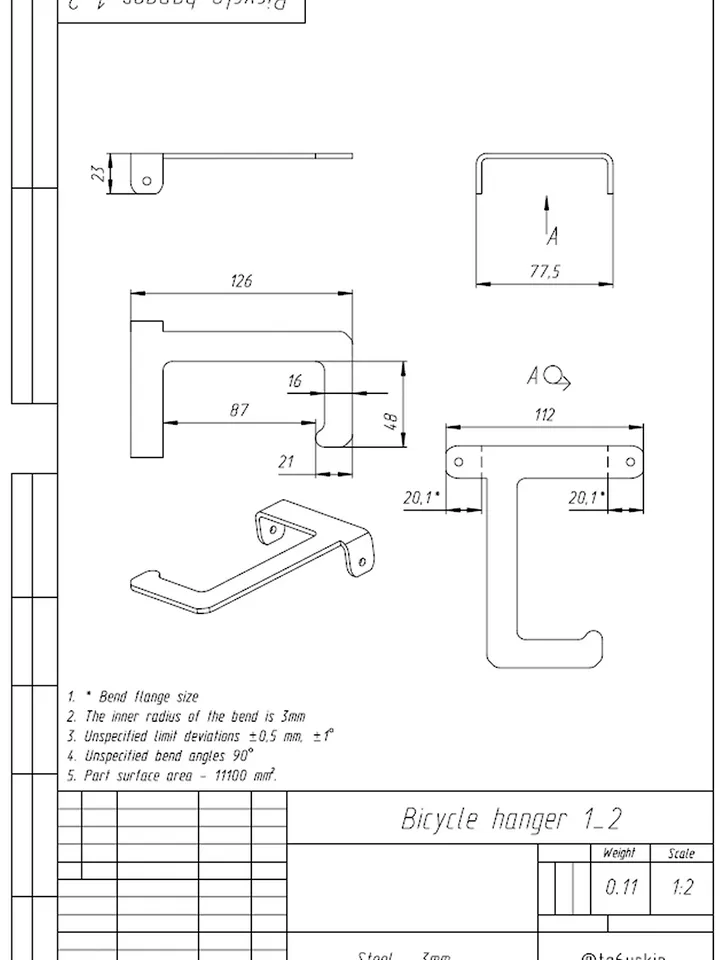 Sheet Metal Plans Drawings Bicycle Hanger (DXF, PDF)