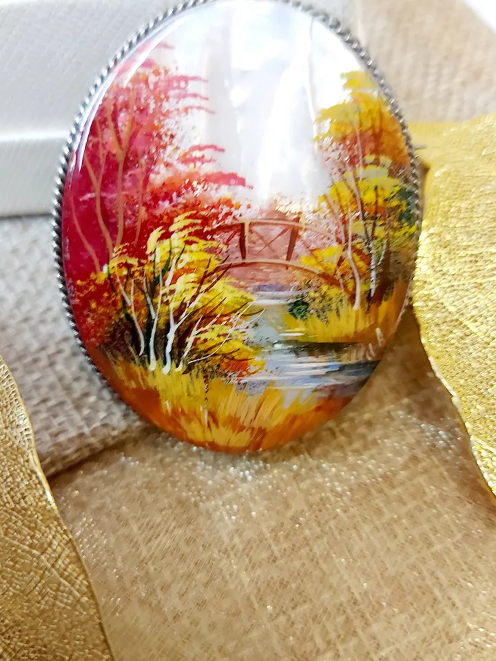 Brooches for women: Fall season in enchanted forest on pearl brooch • Red and orange handmade seashell pin • Dainty bright brooch for dress