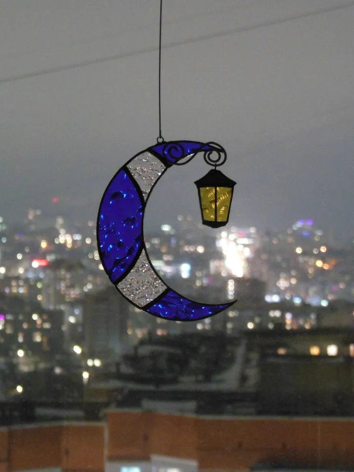 Moon with Street Light . Stained glass window hanging Suncatcher , idea for anniversary , birthday and Christmas gift