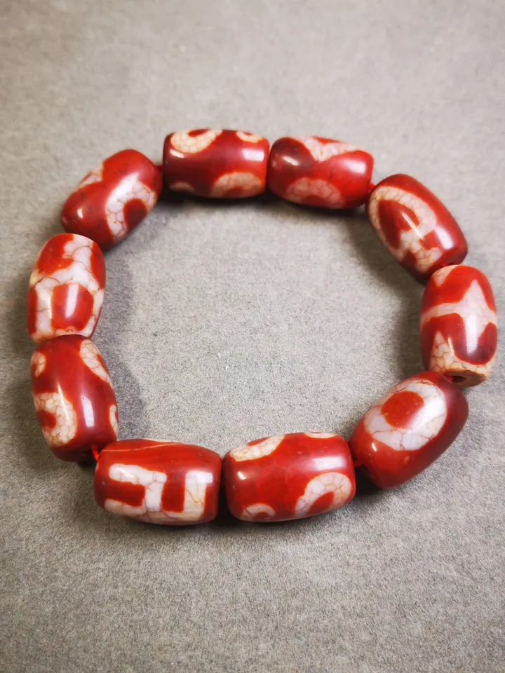 Gandhanra Old Tibetan Dzi Bead Bracelet, Fire Agate Beads Bracelet,Mixed Swastika,Vase,Lotus,Tiger Tooth,and Phum Dzi Beads