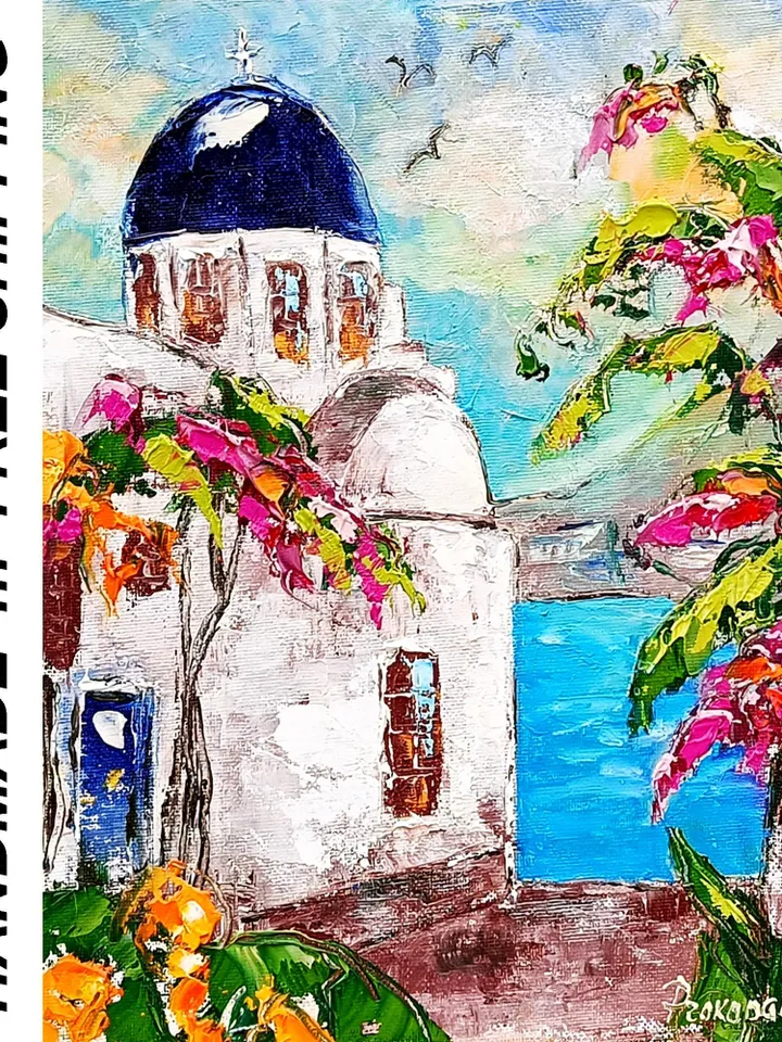 Santorini Painting Greece Original Art 12x10 Impasto Oil Painting Oia Greece Bougainville Wall Art Flower Artwork by ArtProkopaloSv