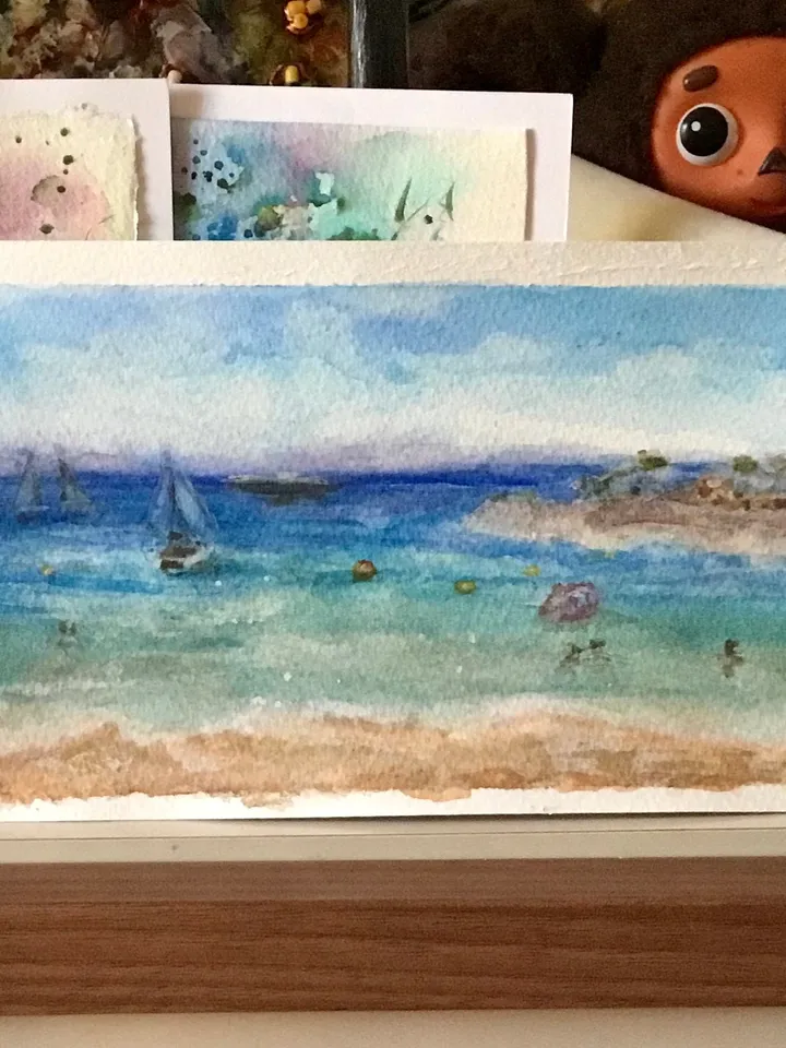 Tenerife Panoramic seascape,Las vistas beach,original watercolour painting,ocean,beach painting,boats painting,watercolour gifts.