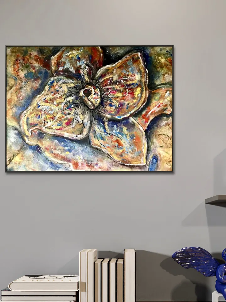 Fantasy magic flower original watercolour mix media artwork, unique gift,flowers painting