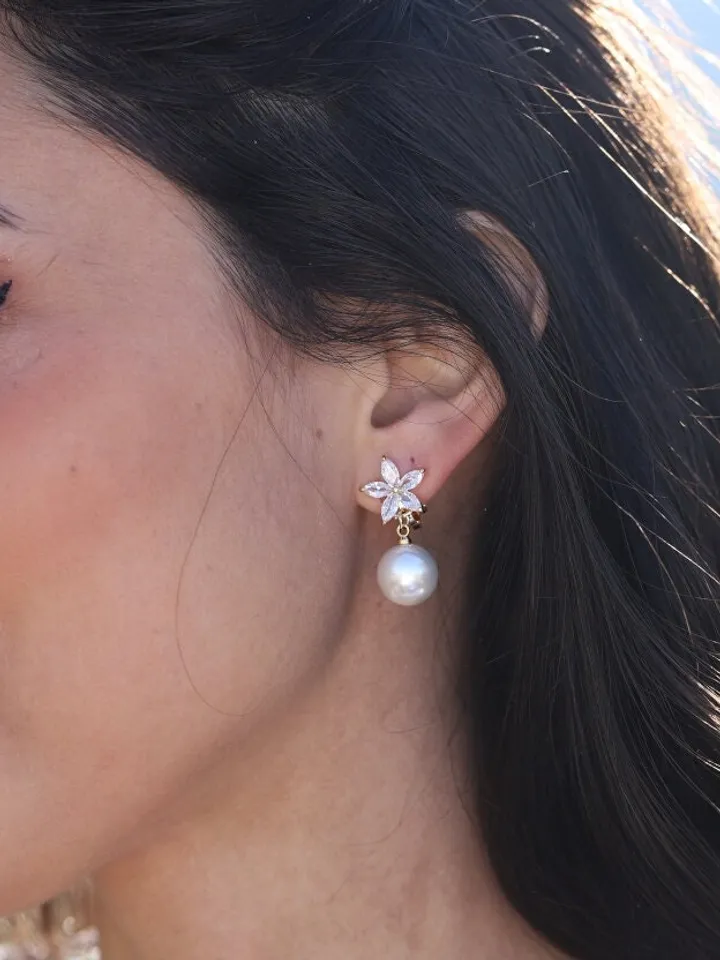 Swarovski Crystal Flower Clip-on Wedding Earrings | Gold Floral Bridal Earrings | Pearl Wedding Jewelry, Floral Bridal Jewelry, Gift For Her