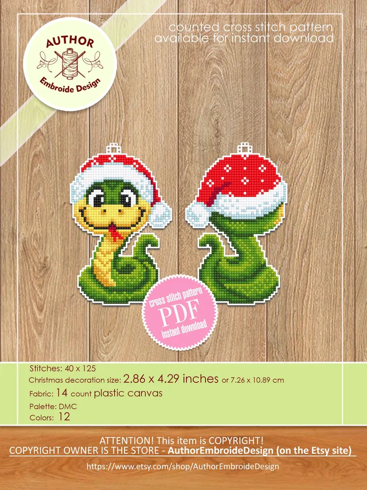 Christmas snake cross stitch pattern PDF download Double-sided Christmas tree decor for plastic canvas, Snake pattern digital PDF #N157