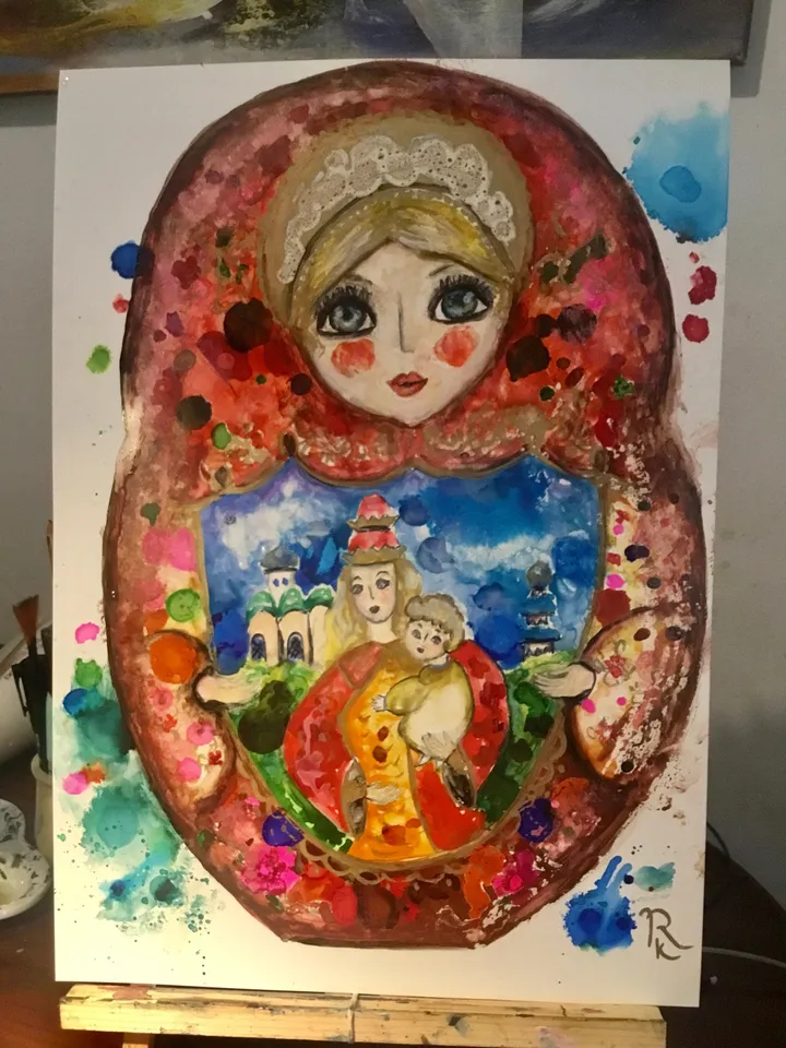 Matryoshka doll original mix media painting on yupo paper,watercolours and alcohol inks painting,unique artwork russian doll painting,gift
