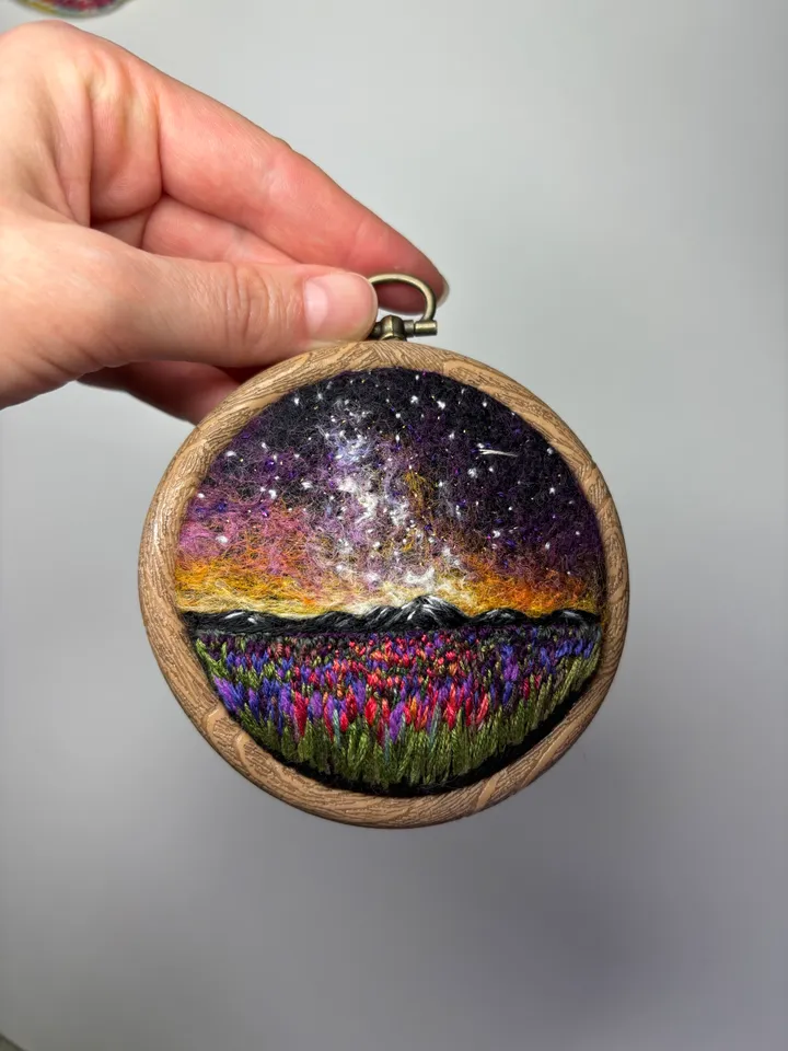 Embroidered and needle felted painting "Harmony of the night"