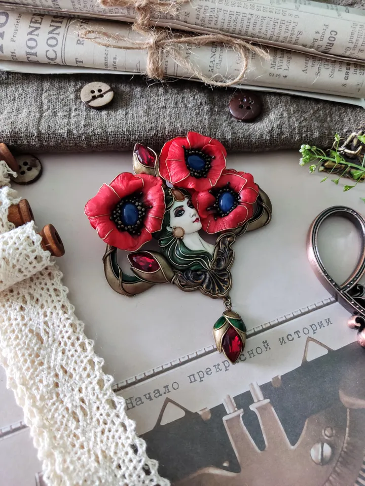 Virgin with Poppies, poppy brooch, red poppies, red flowers,poppy jewelry