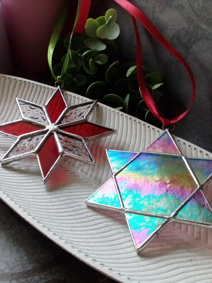 Set of 2 snowflake suncatchers, christmas ornaments, simple stained glass, Christmas decorations, Xmas tree star