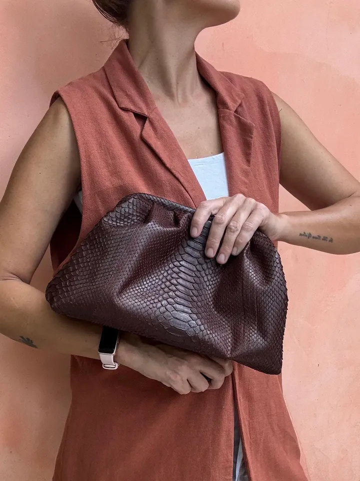 Genuine python skin brown pouch bag | exotic leather bags | medium size soft clutch | snake designer bag | gift for her | classy purse