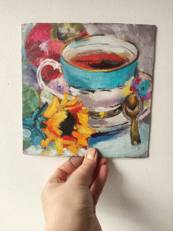 Teacup Oil Painting Sunflower Artwork Tea Painting 20 by 20 cm Floral Wall Art