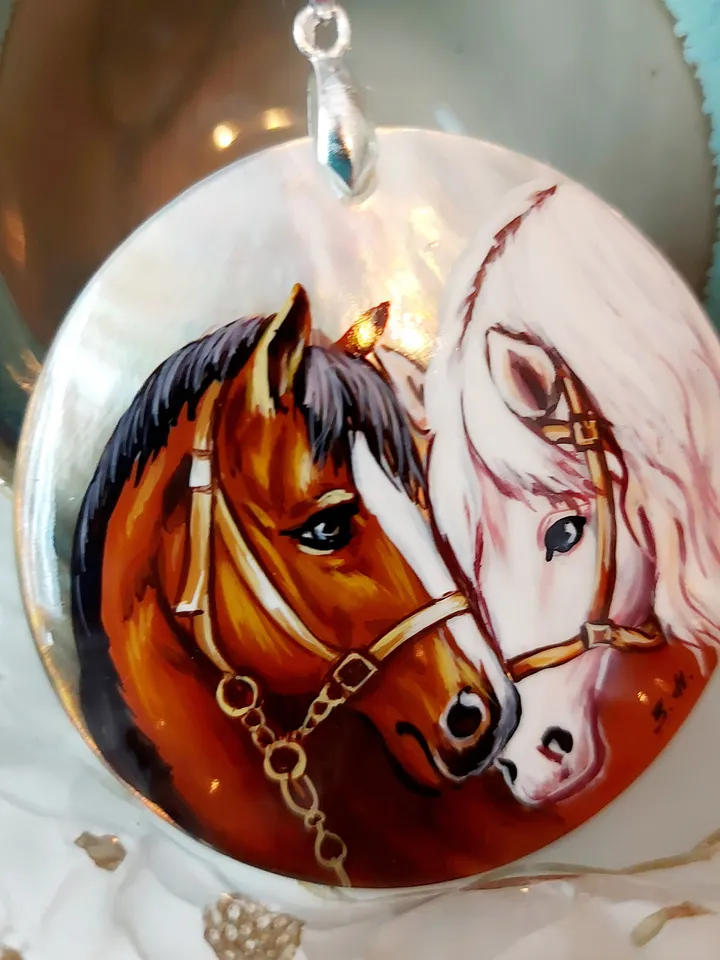 Pearl pendant necklace: Gentle pair of horses in love on handmade jewelry pendant • Dainty gift for nature lover • Elegant pendant for her