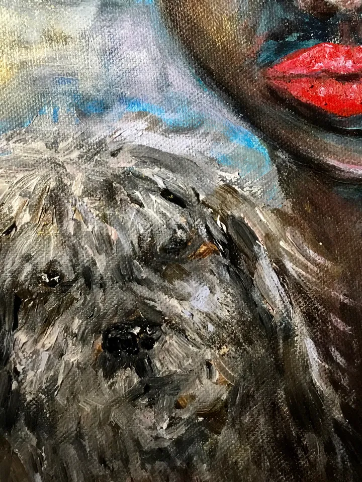Fantasy woman in a hat with a small dog painting,original acrylic painting on canvas,home decoration wall art, unique gift.