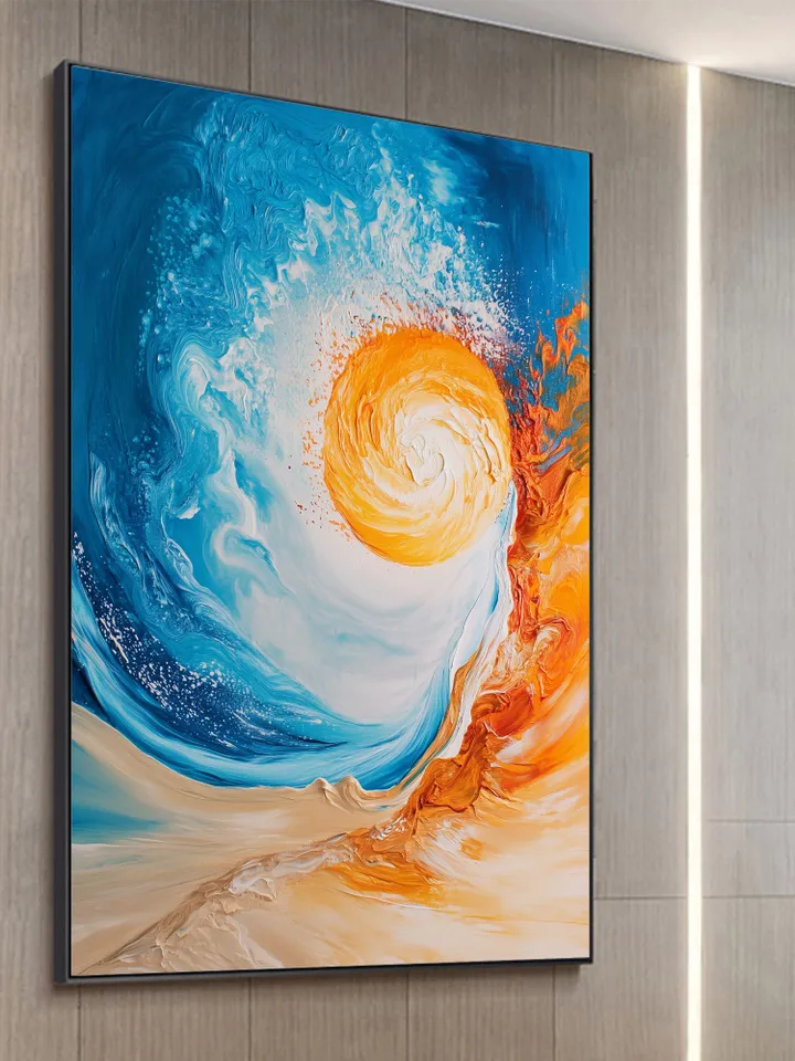 Hand-Painted Abstract Oil Painting | Vibrant Sun and Ocean Art | Stunning Blue and Orange Wall Decor for Modern Living Room