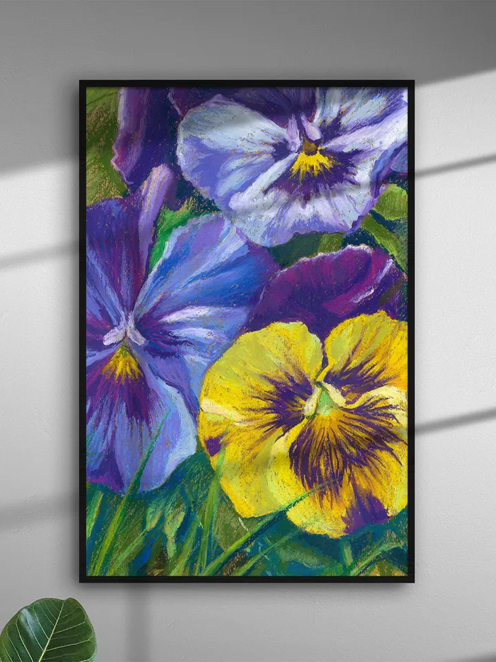 Drawing Viola yellow purple Garden variegated flowers Oil pastel on A4 kraft paper