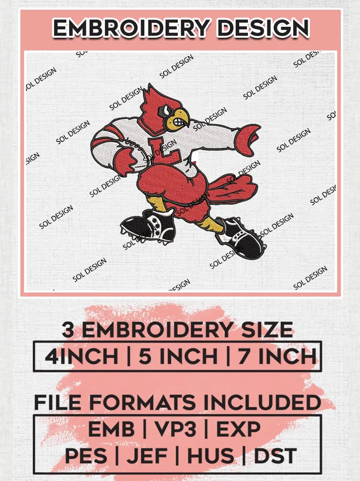 NCAA Louisville Cardinals Team Mascot Logo Machine Embroidery Design, NCAA Louisville Cardinals Team Design Design files, NCAA Team Embroidery Designs, NCAA Machine Embroidery Designs, Digital Download