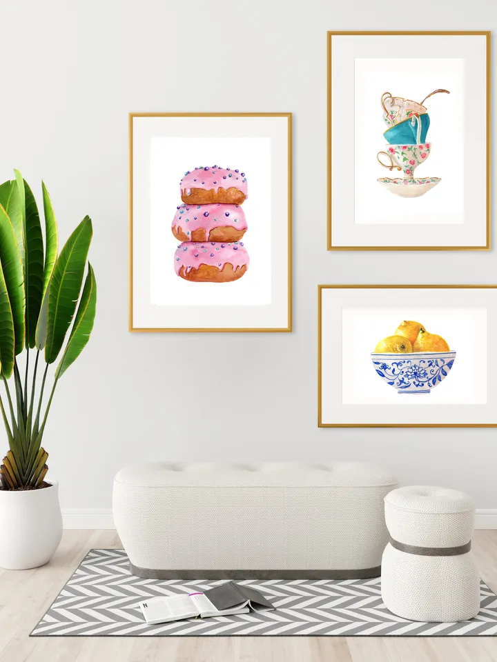 Pink Donuts Sweet Watercolor Painting Print, Food Illustration, Breakfast Art, Candy Sweet, Dessert Painting,Donut Gift Print, Kitchen Print