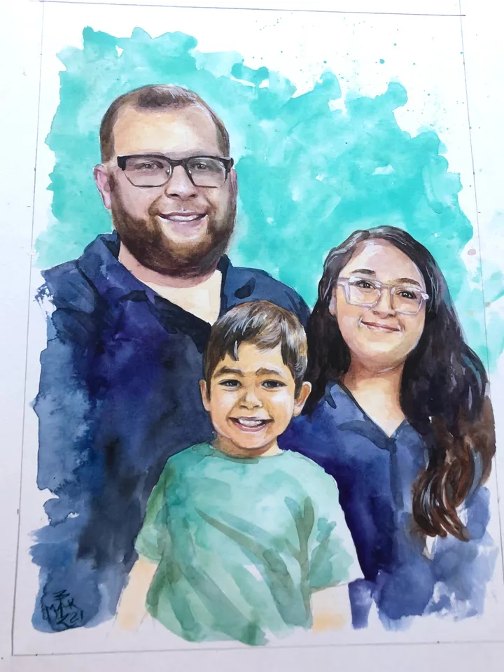3 Persons watercolor Portrait from photo A4 size