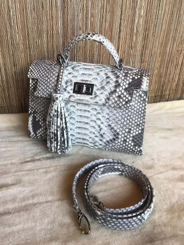 Top handle grey classy genuine python skin bag | exotic leather bags | Elegant everyday women purse | snake skin bag | designer leather bag