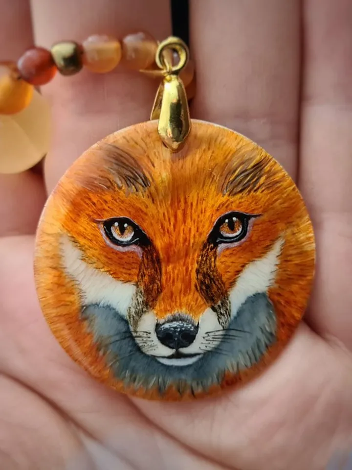 Fox necklace Miniature painting. Mother pearl pendant. Christmas Gift wrapping