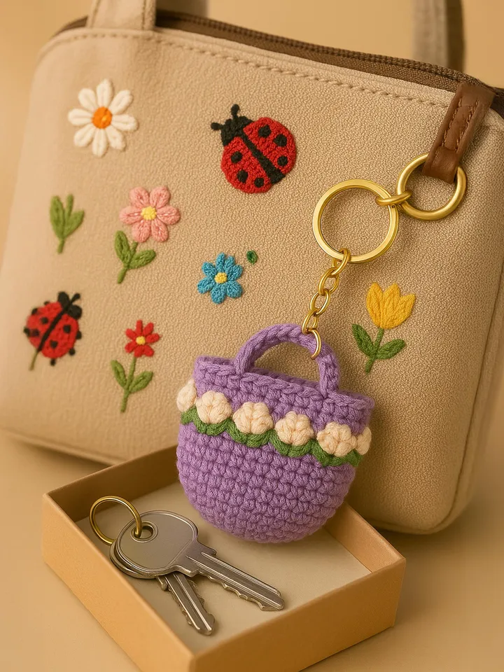 Floral Crochet Bag Keychain PDF Pattern – Mini Flower Purse Keyring Tutorial – Cute Handmade DIY Charm Digital Download