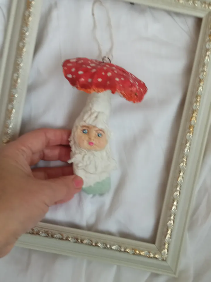 Enchanting Handmade Amanita Mushroom Ornament for Christmas. Tree Xmas toy. Fly agaric. Spun cotton toy