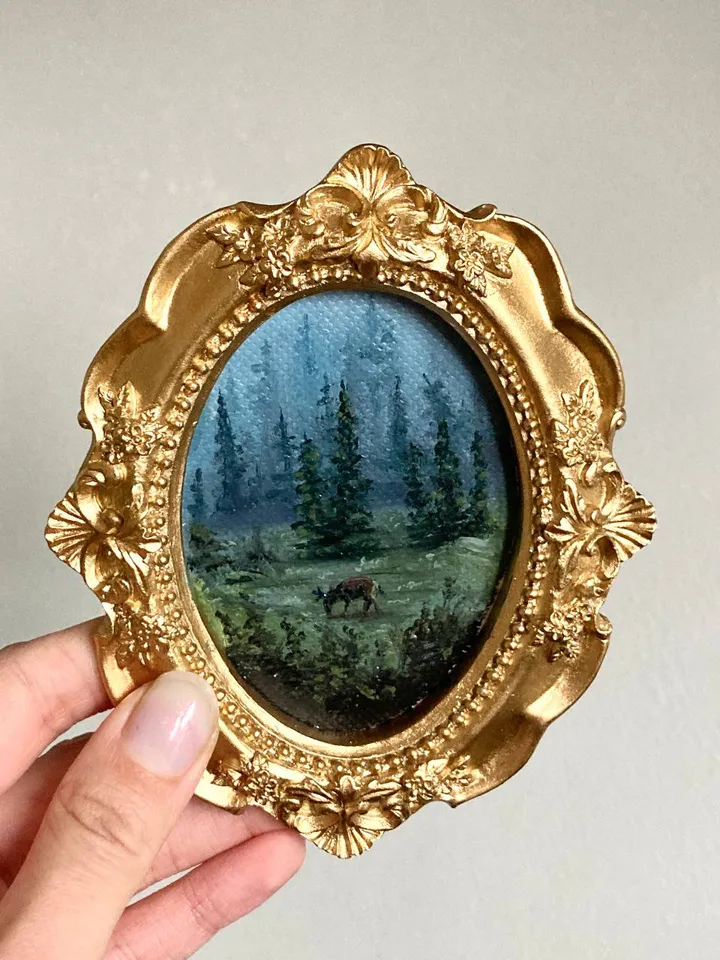 Forest Landscape Oil Painting Original In Vintage Style Frame Small Framed Oval Painting Art