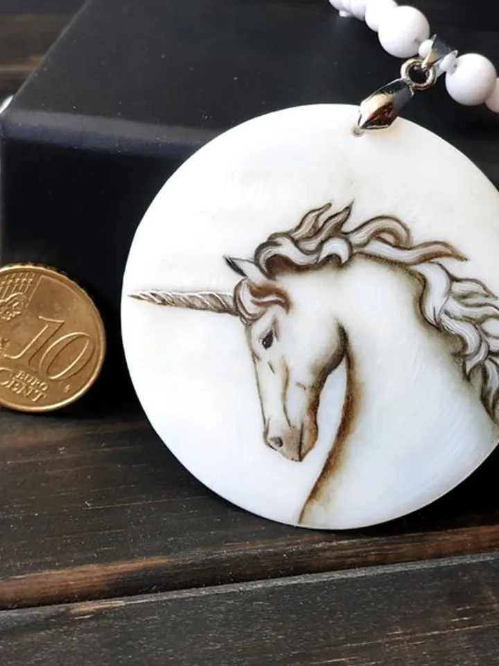Unicorn jewelry, unicorn necklace, miniature painting on pearl pendant