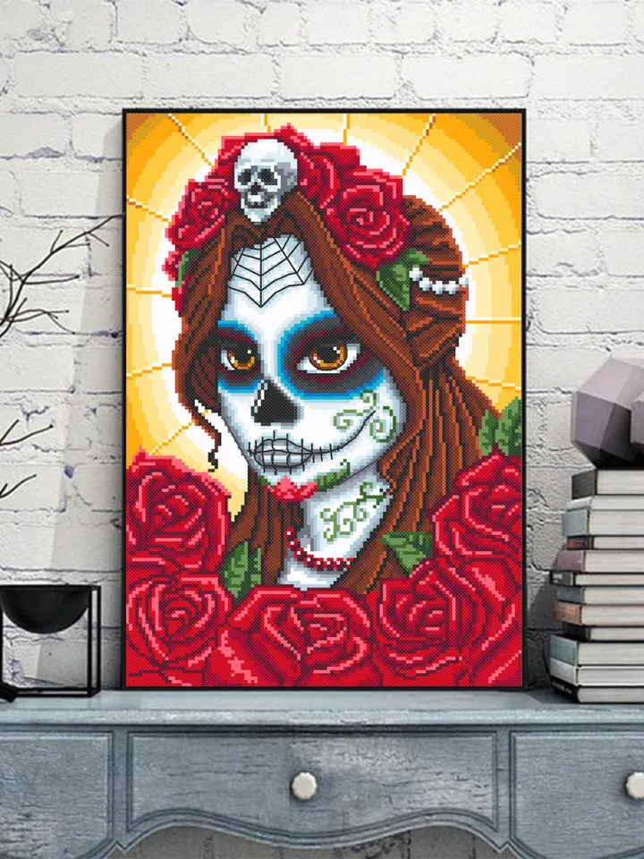 Catrina sugar skull cross stitch pattern download PDF Day of the Dead pattern PDF Mexican skull embroidery Lady skull Dia de Muertos #H28