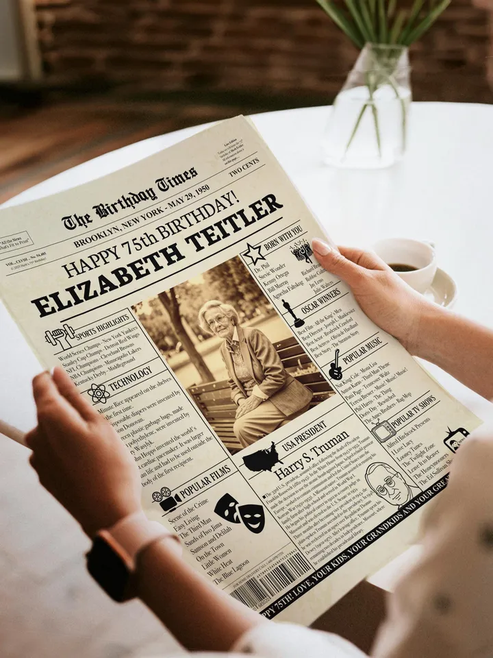 Personalized 75th Birthday Newspaper Poster, Birthday Sign, 75 Years Ago Back in 1950, 75th Birthday Gift, 75th Birthday Decorations