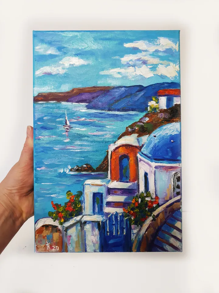 Santorini sailboats at sea oil painting diptych